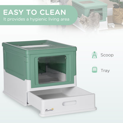 Hooded Cat Litter Box, Portable Pet Toilet, with Scoop, Front Entry - Green