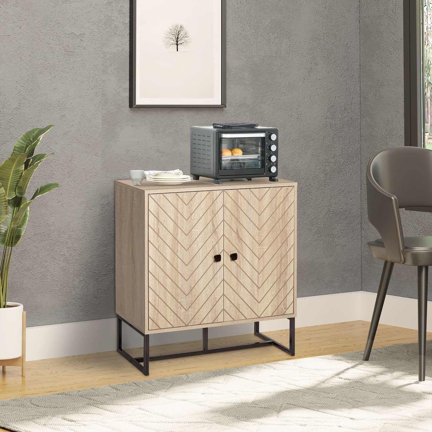MDF 2-Tier Storage Cabinet Steel Frame Handles Tabletop Unique Home Style Organiser, 80H x 80L x 29.5Wcm-Oak