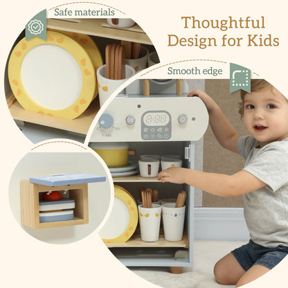 Wooden Dishwasher Playset, Kitchen Sink Toys with Faucet, Sink and Accessories, Gift for Boys Girls Toddlers
