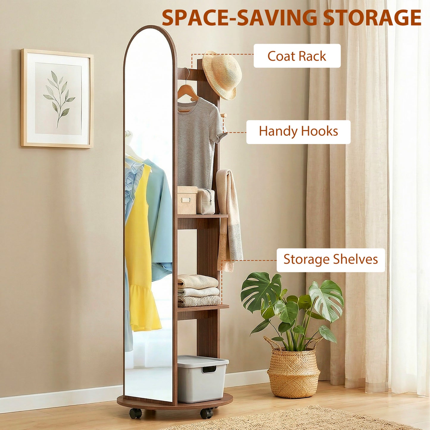 2-in-1 Full Length Mirror with Storage Shelves, Floor Mirror with 4 Wheels, Coat Rack, Hooks, Brown Wood Effect