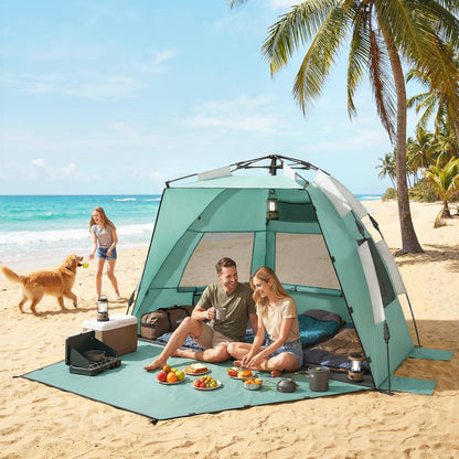 2-3 Person Pop Up Beach Tent, UPF15+ Sun Shelter with Extended Floor, Sandbags, Mesh Windows and Carry Bag, Green