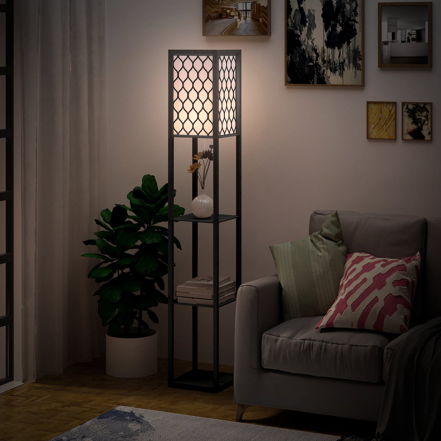 4-Tier Shelf Floor Lamp – Black & White
