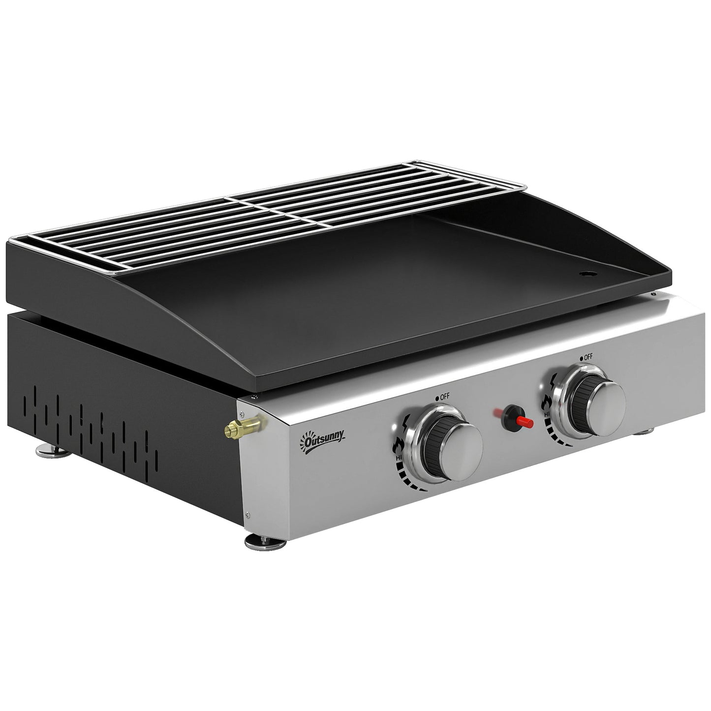 2 Burner Grill Griddle, Portable Gas Plancha with Warming Rack, 5 kW, Tabletop Gas BBQ with Grease Cup, Black