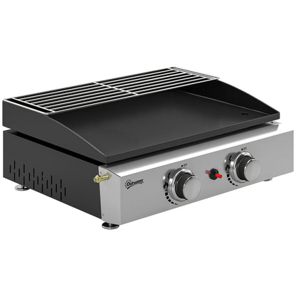 2 Burner Grill Griddle, Portable Gas Plancha with Warming Rack, 5 kW, Tabletop Gas BBQ with Grease Cup, Black