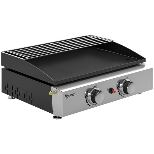 2 Burner Grill Griddle, Portable Gas Plancha with Warming Rack, 5 kW, Tabletop Gas BBQ with Grease Cup, Black