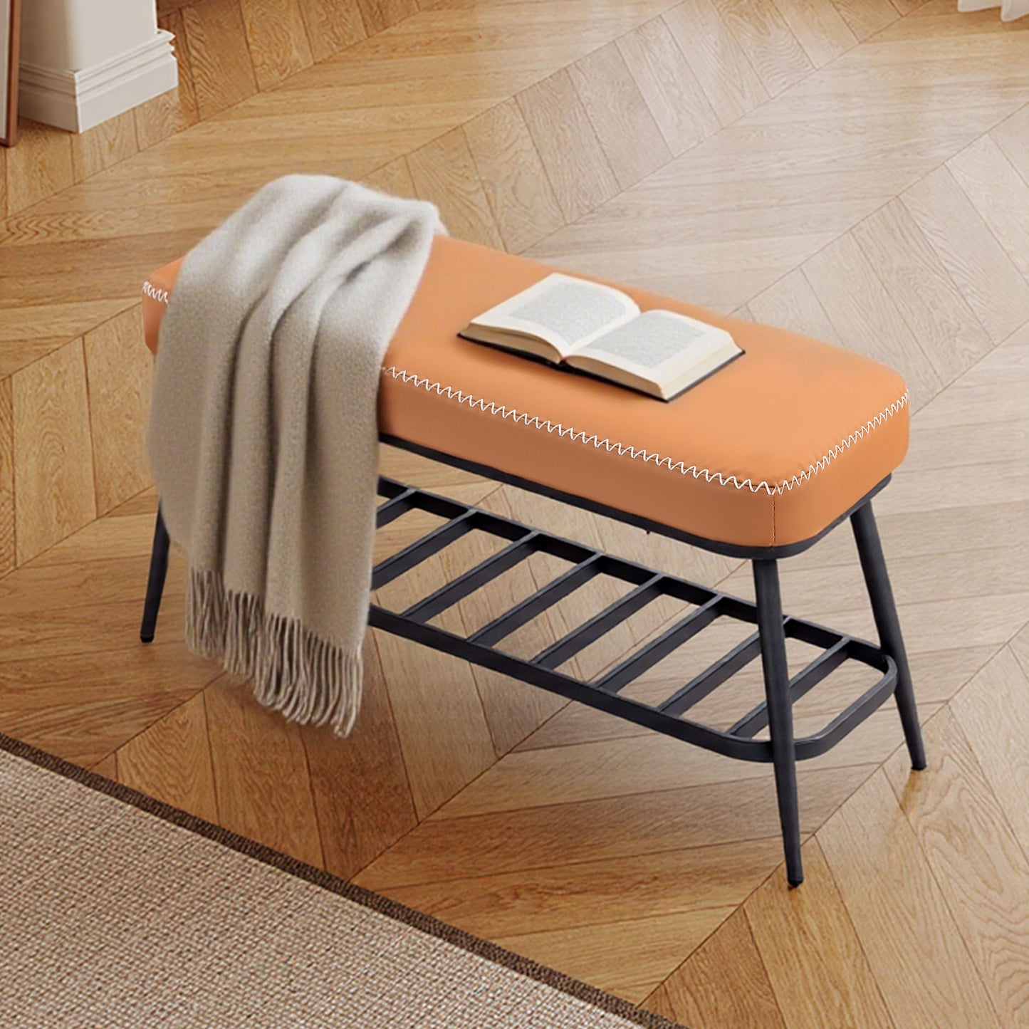 PU Leather Shoe Storage Bench - Brown