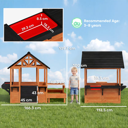 Wooden Playhouse Playhouse for Kids with Table, Benches, Sink Table, Windows, Flowerpot Holders, for Ages 3-8, Brown