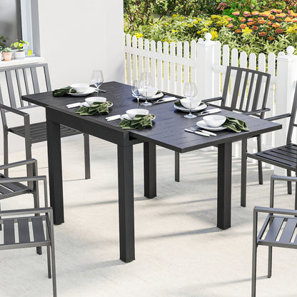 Extending Garden Table for 4-6, Aluminium Outdoor Dining Table with Faux Wood Slatted Top, Black