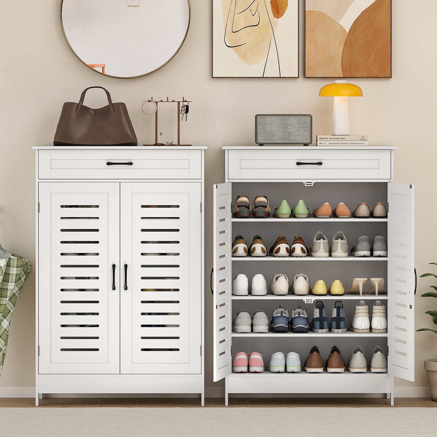 Shoe Cabinet with Louvered Doors, Modern Shoe Storage Cabinet with Drawer and Adjustable Shelves, White