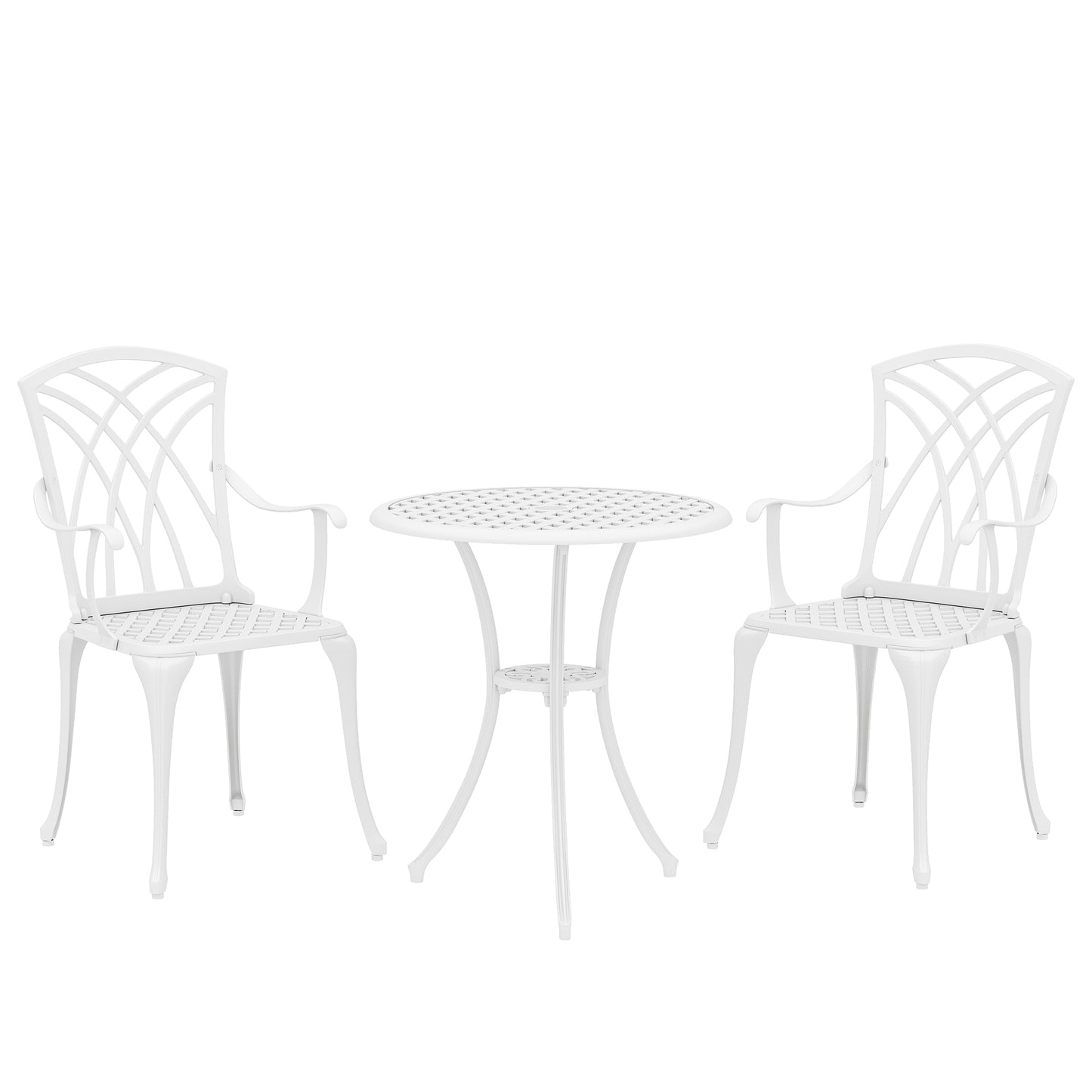3 Pieces Garden Bistro Set, Cast Aluminium Outdoor Dining Set with 2 Chairs and Round Table with Parasol Hole, White