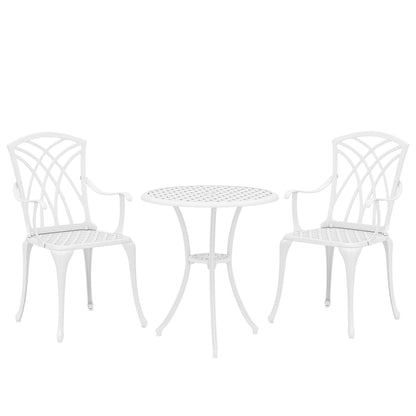 3 Pieces Garden Bistro Set, Cast Aluminium Outdoor Dining Set with 2 Chairs and Round Table with Parasol Hole, White