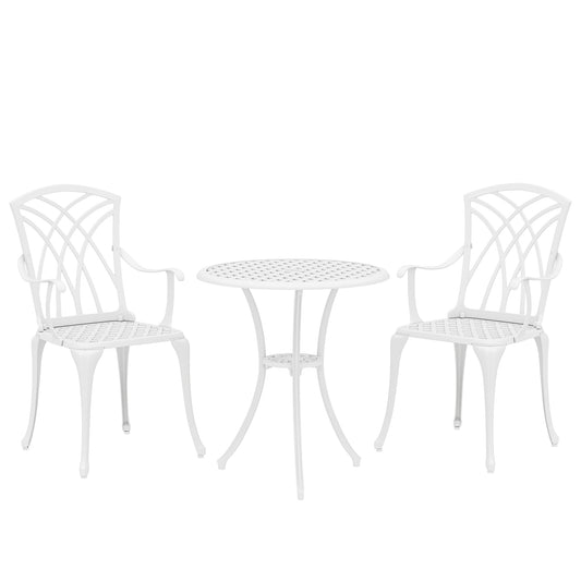 3 Pieces Garden Bistro Set, Cast Aluminium Outdoor Dining Set with 2 Chairs and Round Table with Parasol Hole, White
