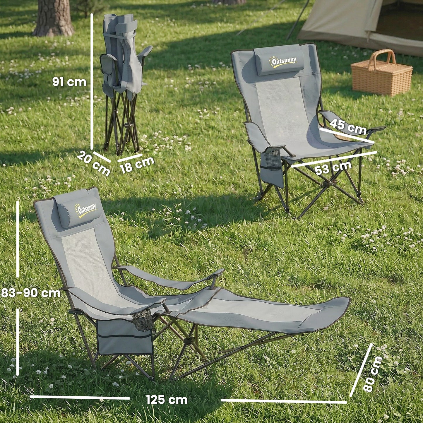 Camping Chair Reclining Portable Camp Chair with Detachable Footrest Cup Holder Grey