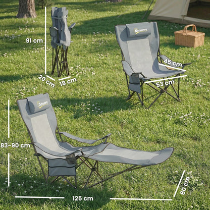 Camping Chair Reclining Portable Camp Chair with Detachable Footrest Cup Holder Grey