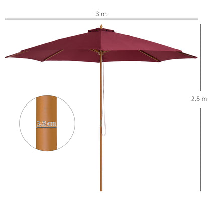 3(m) Garden Parasol, Pulley Operated Patio Umbrella, Wooden Table Market Umbrella with Rope Pulley Mechanism and 8 Ribs