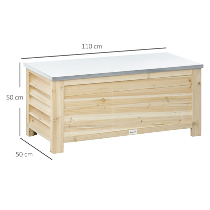 155L Outdoor Storage Box with Metal Top and Shutter Walls, Wooden Outside Tool organiser Container, for Garden, terrace