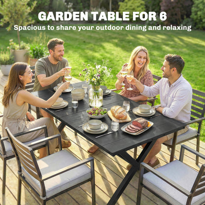 Garden Dining Table for 6, Rectangular Outdoor Table with Wood Effect HDPE Top, X-Shaped Metal Legs, Black