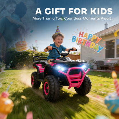 12V Kids Electric Ride on ATV, Battery-Powered Quad Bike w/ Spring Suspension, Forward Backward, Storage Basket, Pink