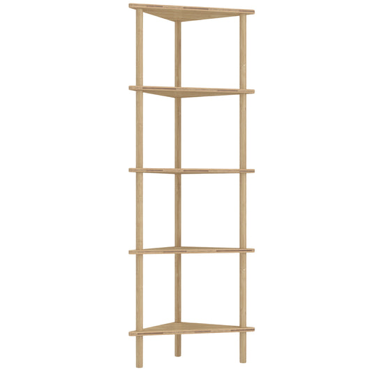 Bamboo Storage Shelf, 5-tier Corner Shelf, Freestanding Shelving Unit for Living Room, Home Office, Natural Wood Finish