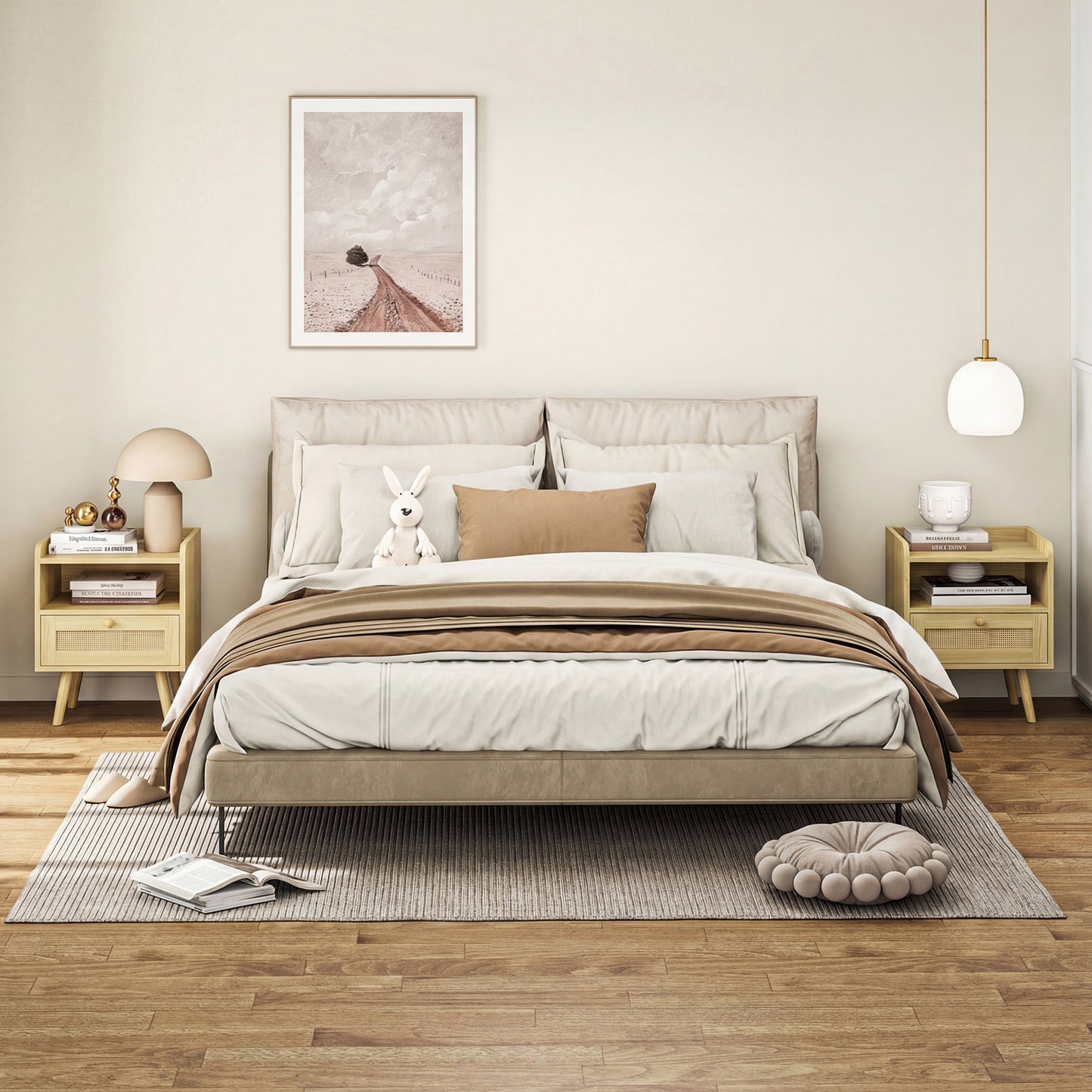 Set of Two Rattan Weave Bedside Tables - Wood Effect