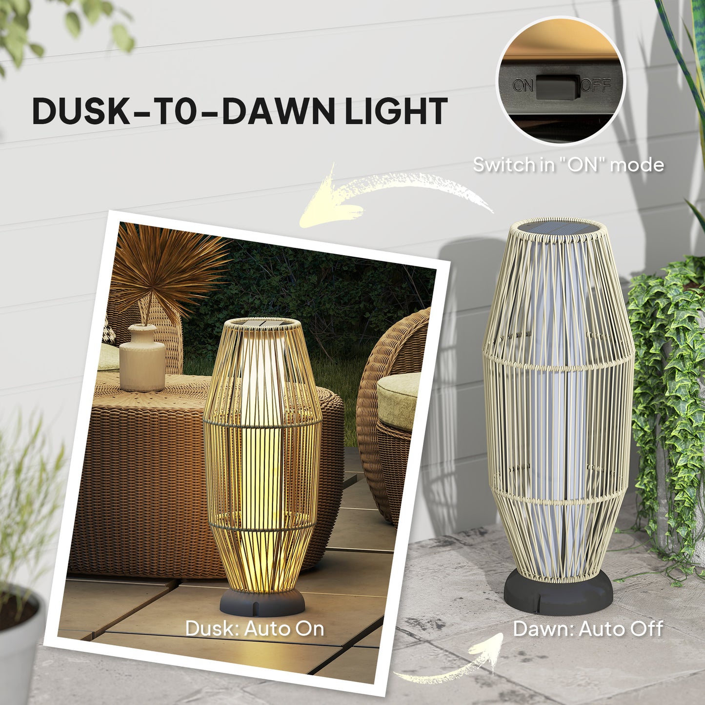 Garden Rattan Lamp, 72 cm Tall Solar Rattan Floor Lamp, Solar Garden Light with Auto On/Off LED, IP44 for Outdoor, Porch