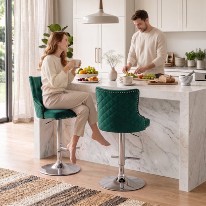 Bar Stools Set of 2, Modern Swivel & Adjustable Velvet Barstools with Button-Tufted Back, Footrest for Home Bar, Green