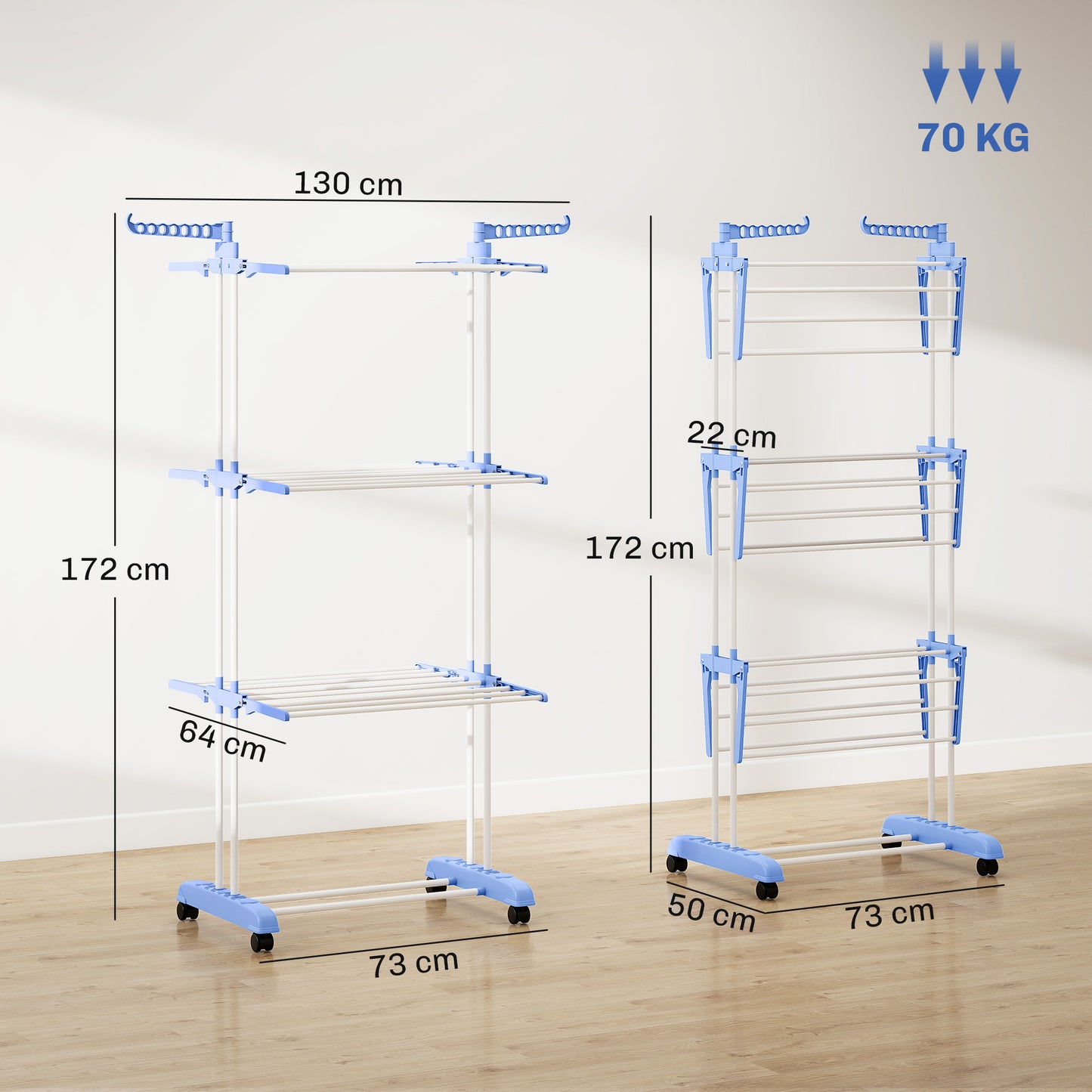 Foldable Clothes Drying Rack, 4-Tier Steel Garment Laundry Rack with Castors for Indoor and Outdoor Use, Blue