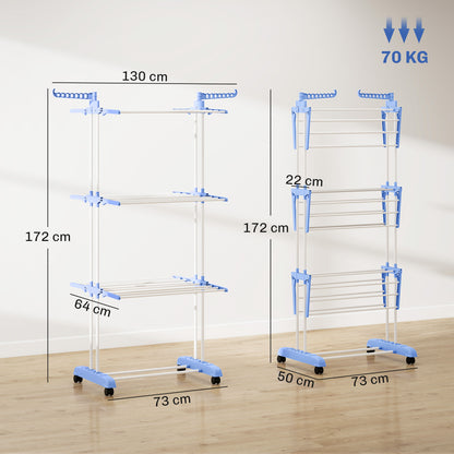 Foldable Clothes Drying Rack, 4-Tier Steel Garment Laundry Rack with Castors for Indoor and Outdoor Use, Blue