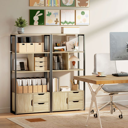 4-Tier Bookcase, Bookshelf with 1 Cabinet and 2 Drawers for Living Room, Bedroom, Study, Natural Wood