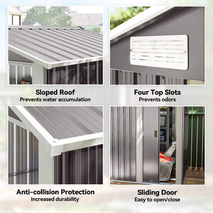 Garden Metal Tool Storage Shed with Sliding Door, Sloped Roof and Foundation Kit, 152 x 132 x 188cm, Grey