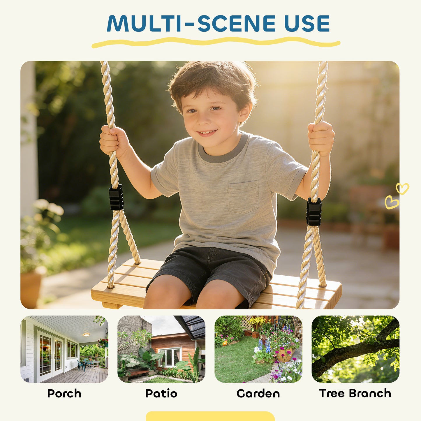 Wooden Swing Seat, Kids Swing Set with Adjustable Rope and Tree Straps, Outdoor Playground Playset for Kids