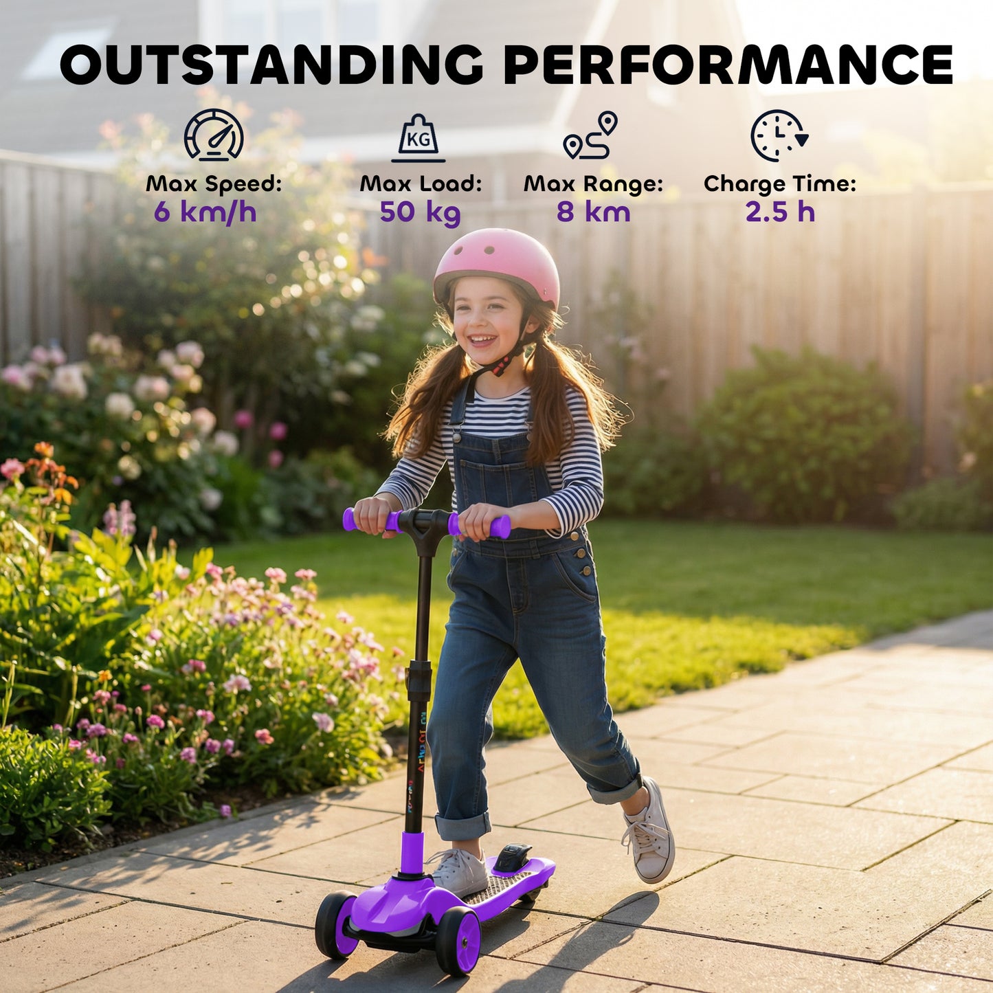 Three-Wheel Foldable Electric Scooter for Kids Aged 6-10 Years, Purple