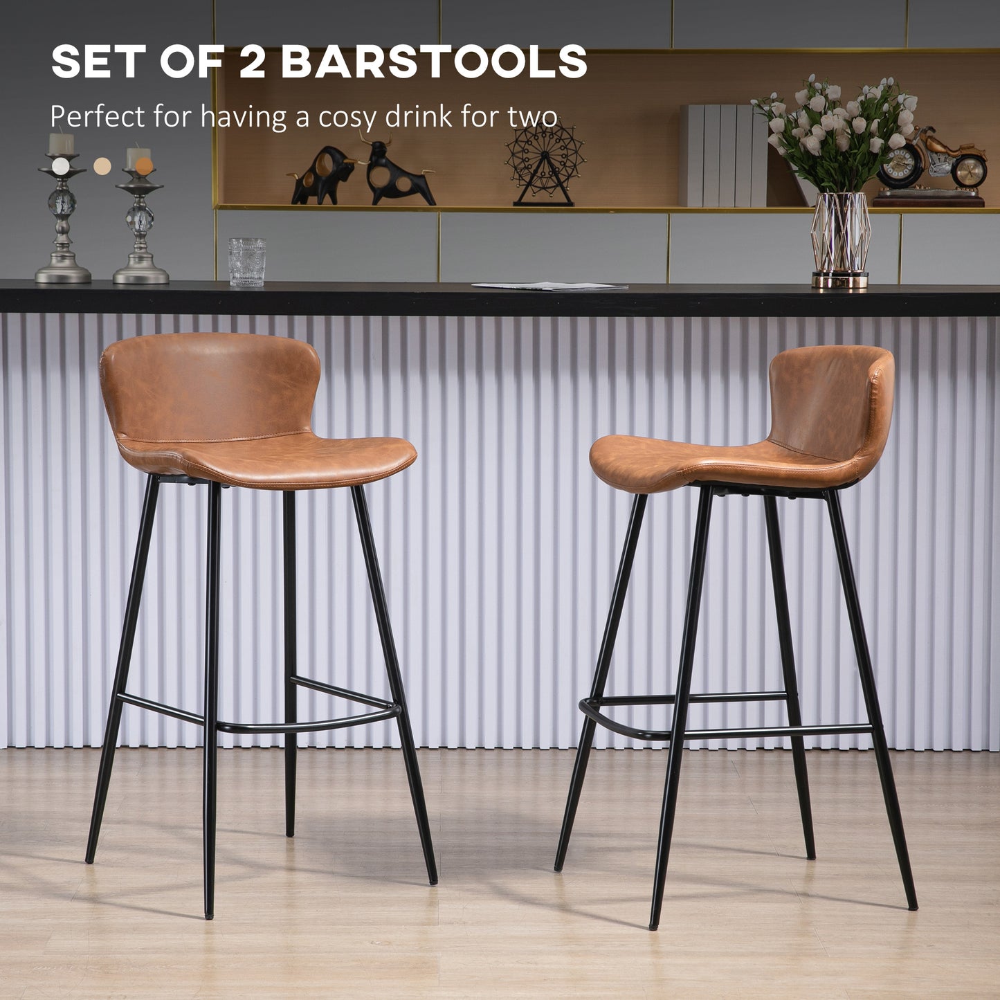 Bar Stools Set of 2, PU Leather Upholstered Bar Chairs, Breakfast Kitchen Counter Chairs with Backs