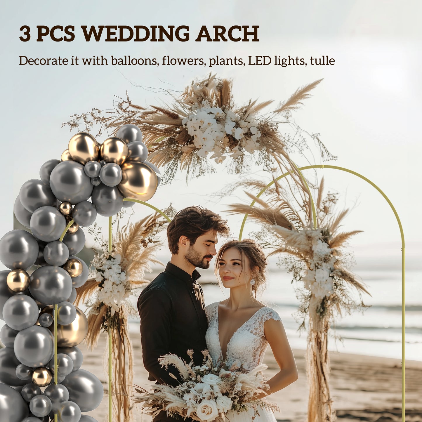 Wedding Arch Frame Set, 2.2, 2, 1.8 m Metal Backdrop Stand Set of 3, Balloon Stand Set for Birthday Party, Bridal Shower