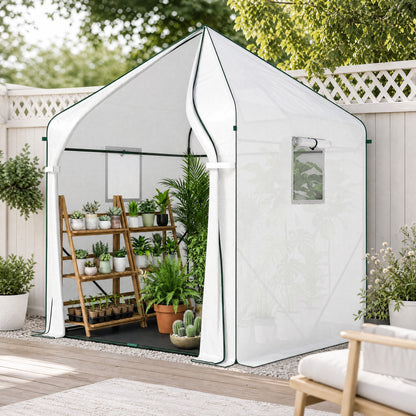 Walk-in Greenhouse for Outdoors with Steel Frame, Large Plant House with Roll-up Door and PE Ground Cover, White