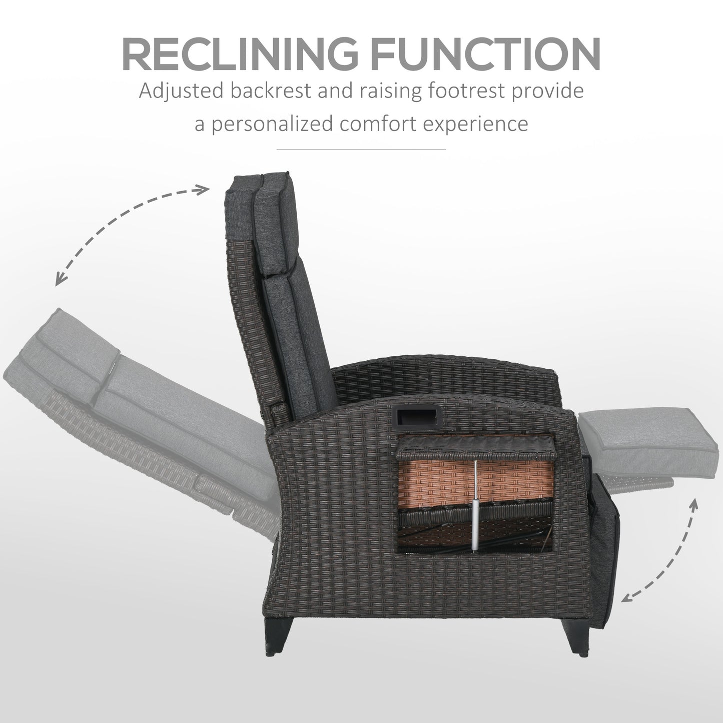 Outdoor Recliner Chair with Adjustable Backrest and Footrest, Cushion, Side Tray, Dark Grey/Brown