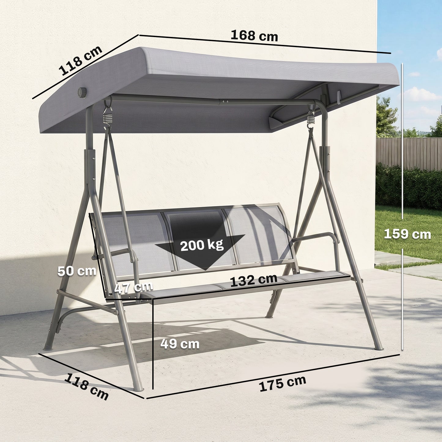 3 Seater Swing Chair, Garden Swing Bench with Adjustable Tilting Canopy