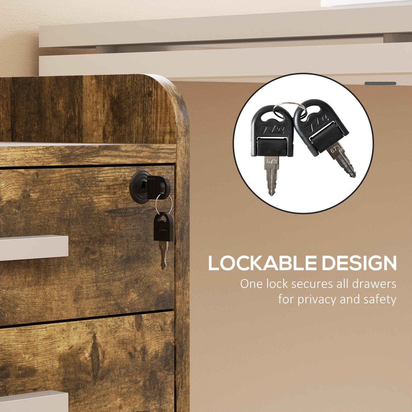 3 Drawer Filing Cabinet with Lock, Rolling File Cabinet with Edged Top for Letter, A4 Size, Hanging File Folders