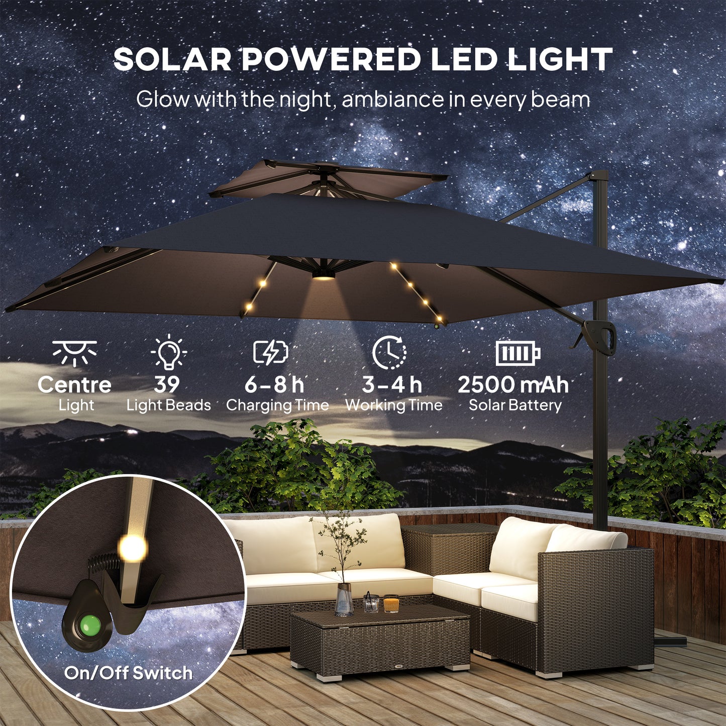 3.5x3 m Garden Cantilever Parasol with Solar LED Lights and Centre Light, Aluminium Large Square Patio Umbrella