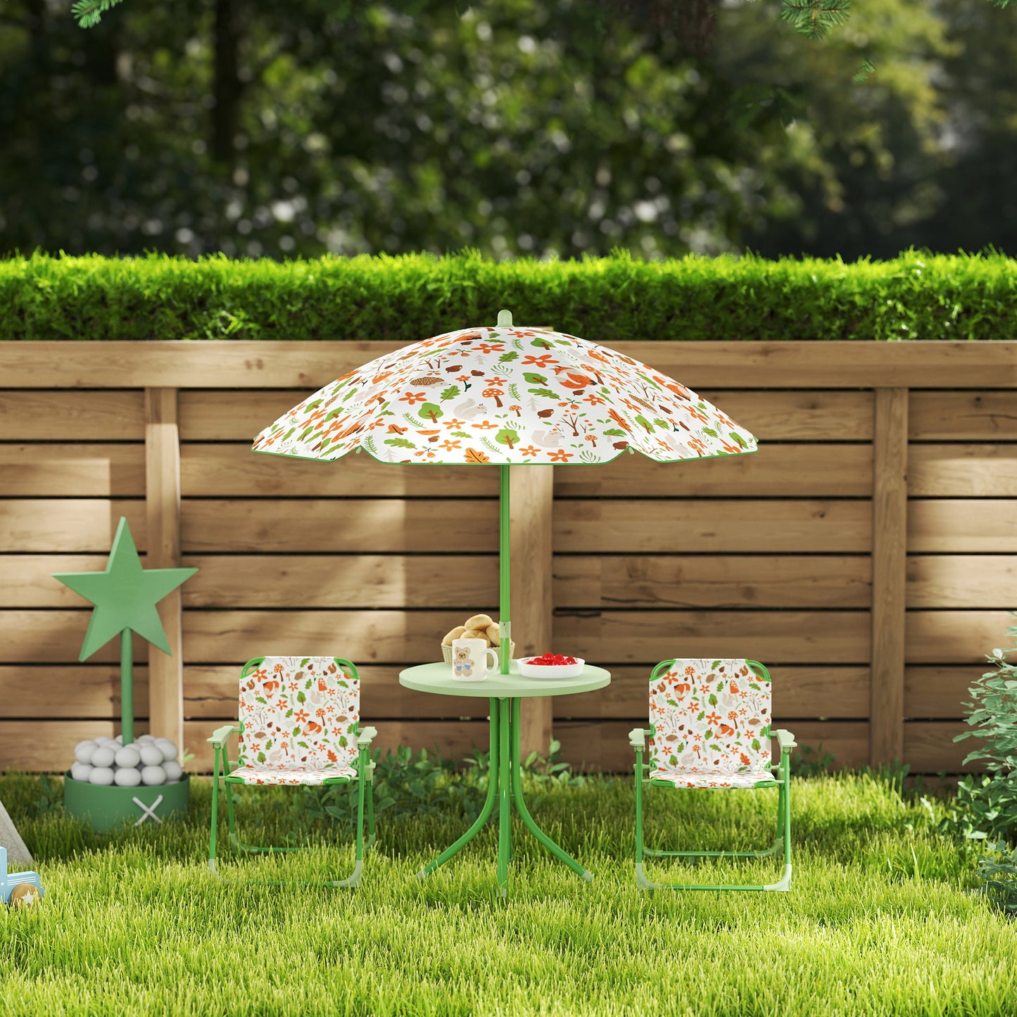 4-Piece Kids Garden Table and Chair Set with Adjustable Parasol, Folding Chairs, Table, Nature Pattern, Green