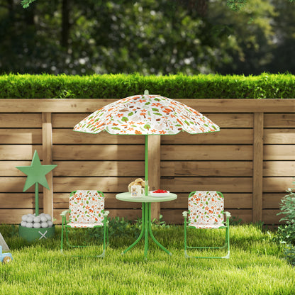 4-Piece Kids Garden Table and Chair Set with Adjustable Parasol, Folding Chairs, Table, Nature Pattern, Green