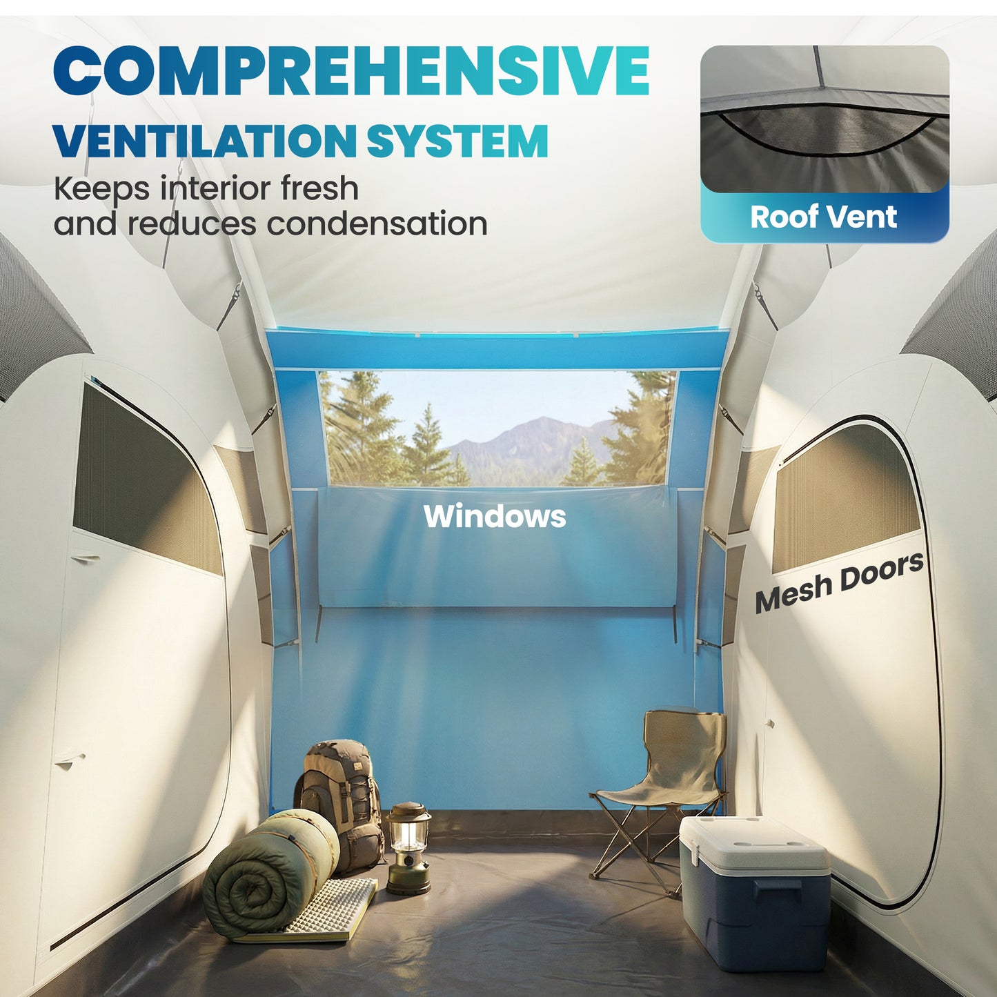 Inflatable Tent 2 Bedroom Tunnel Design Windproof Air Tent with Carry Bag for 4 Person