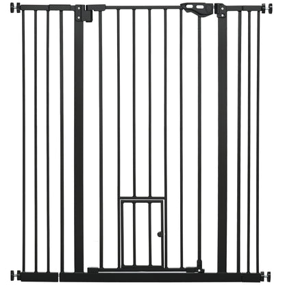 Extra Tall Pet Gate, Indoor Dog Safety Gate, with Cat Flap, Auto Close, 74-101cm Wide - Black