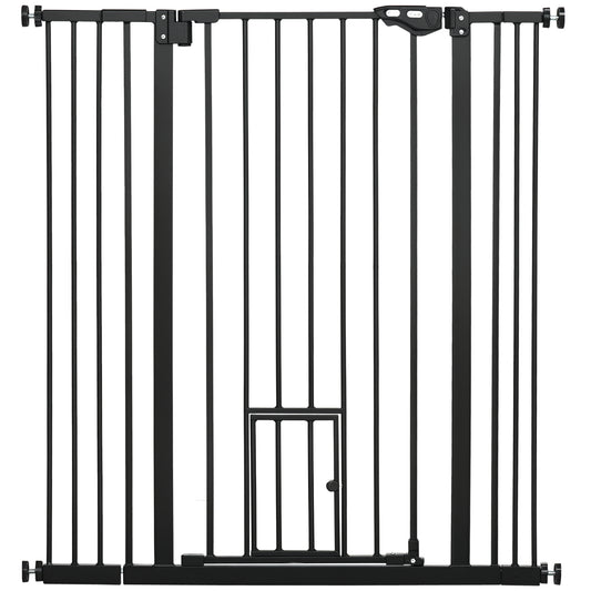 Extra Tall Pet Gate, Indoor Dog Safety Gate, with Cat Flap, Auto Close, 74-101cm Wide - Black