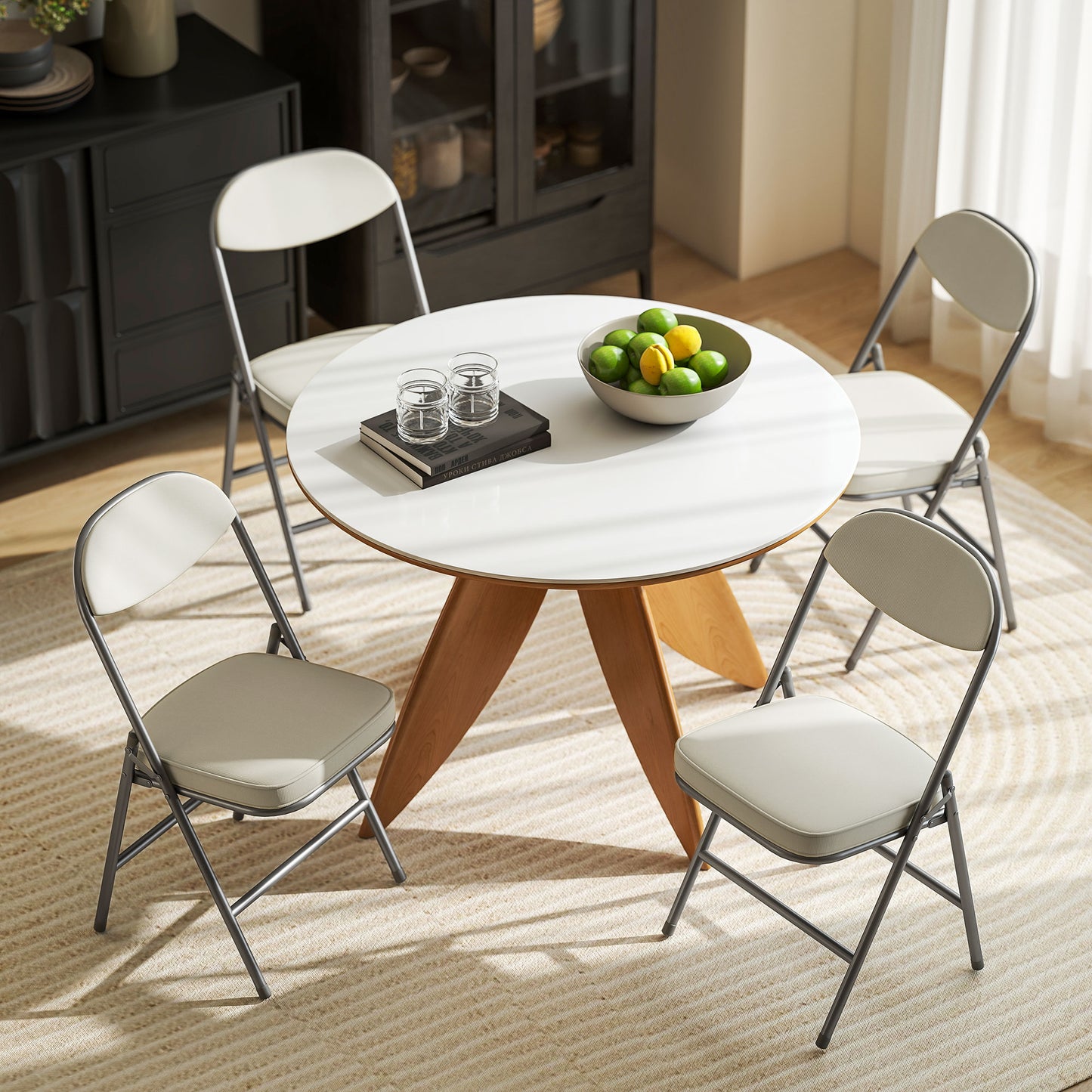 Set of Four Folding Corduroy Seat Chairs, Cream
