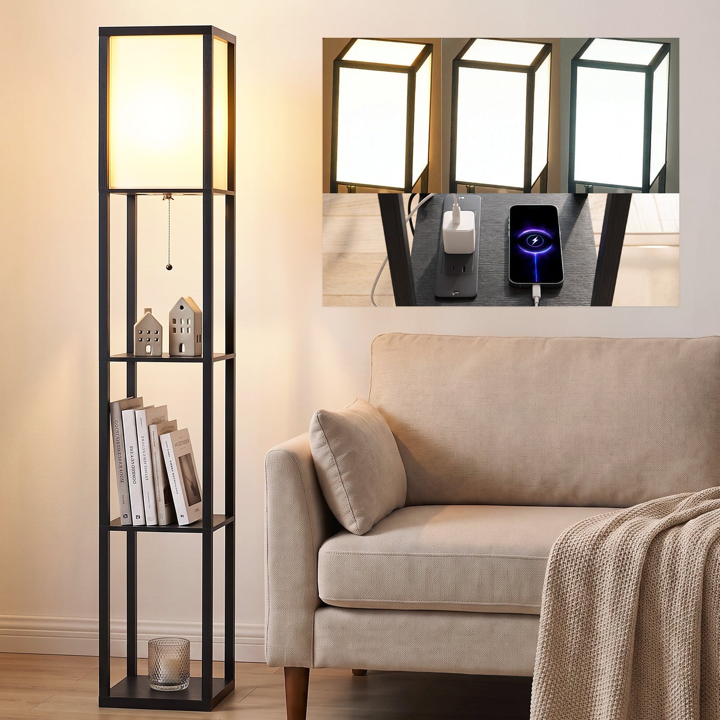 Floor Lamp with Shelves, 3 Layer Column Modern Standing Lamp for Living Room, Bedroom, Office, Black