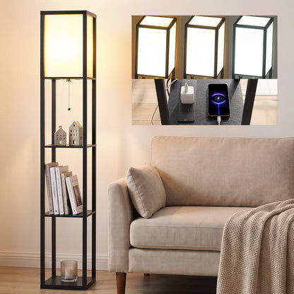 Floor Lamp with Shelves, 3 Layer Column Modern Standing Lamp for Living Room, Bedroom, Office, Black