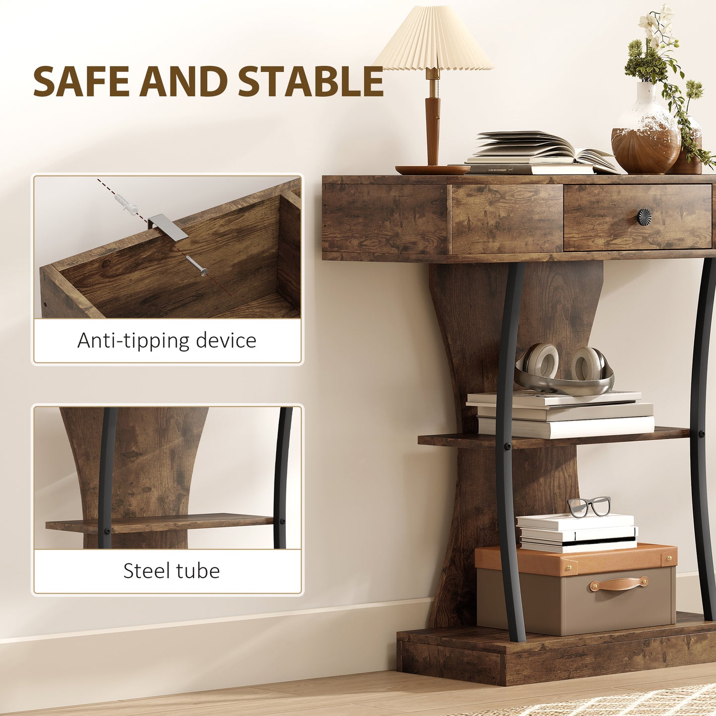 Console Table, 3-Tier Industrial Hallway Table with Drawer, Storage Shelves, 91 x 32 x 87 cm, Rustic Brown