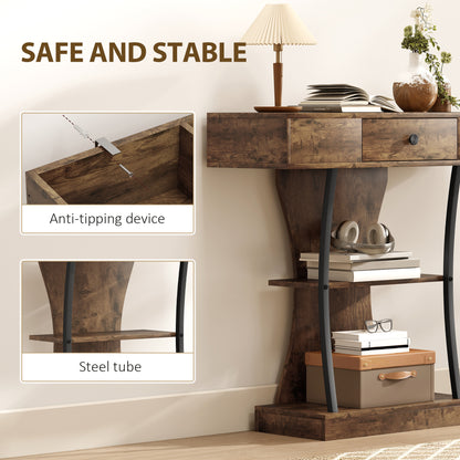 Console Table, 3-Tier Industrial Hallway Table with Drawer, Storage Shelves, 91 x 32 x 87 cm, Rustic Brown