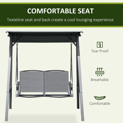 2 Seater Garden Swing Seat Swing Chair, Outdoor Canopy Swing Bench with Adjustable Shade, Metal Frame and Texteline Seat